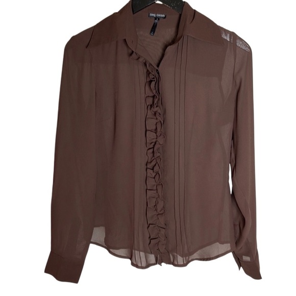 Oleg Cassini Long Sleeve Semi-Sheer Brown Ruffle Pleated Blouse | Size 4 - Picture 1 of 5